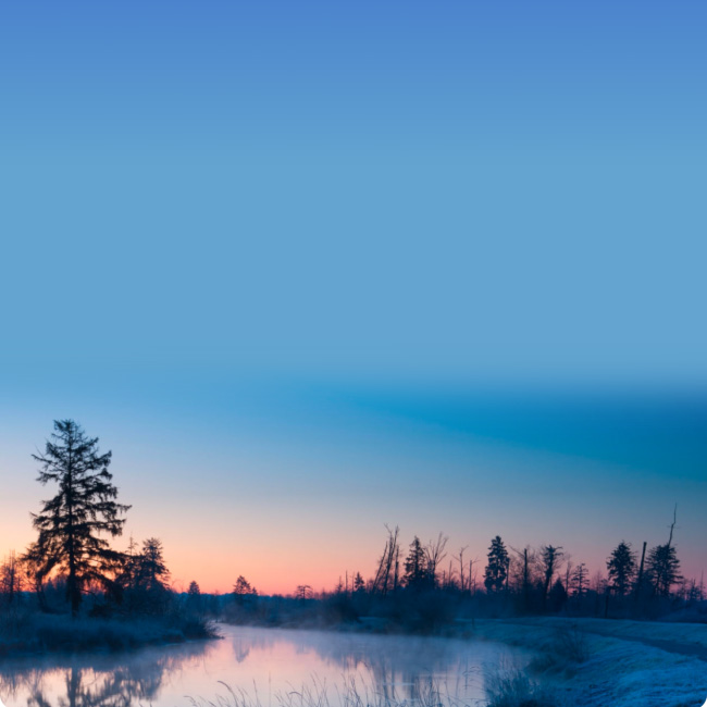 Scenic lake surrounded by misty trees at sunset.